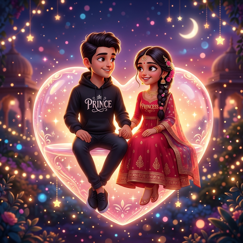 3D stylized Indian couple in Prince and Princess outfits sitting on glowing glass heart
