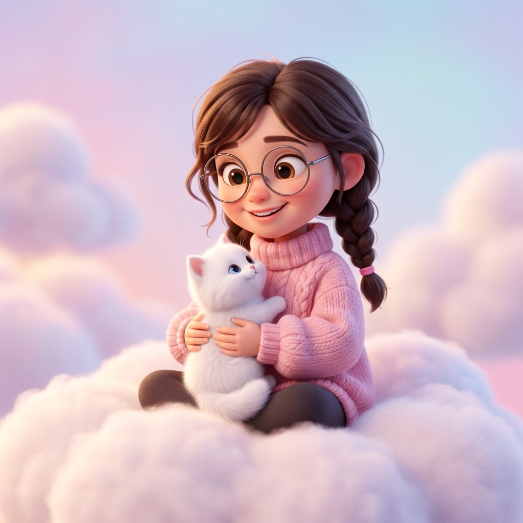 Cute 3D Pixar girl in pink sweater hugging white kitten on fluffy cloud