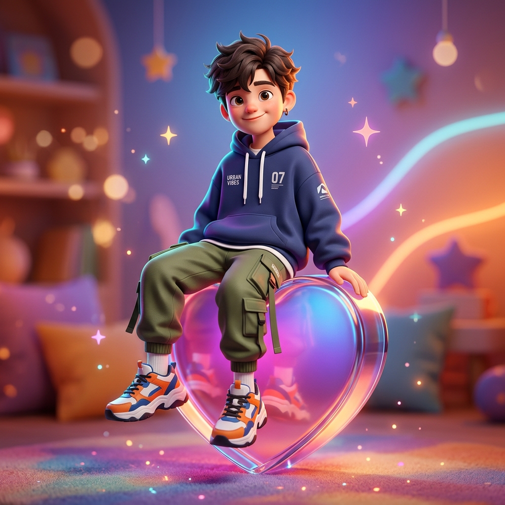 3D stylized cute boy avatar sitting on glowing glass heart icon