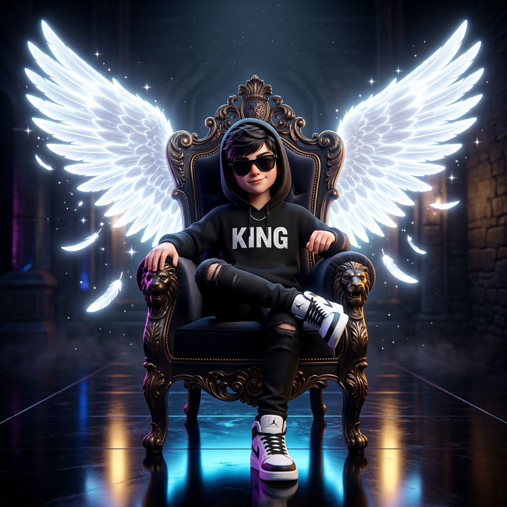 3D boy in KING hoodie on royal throne with giant luminous angel wings