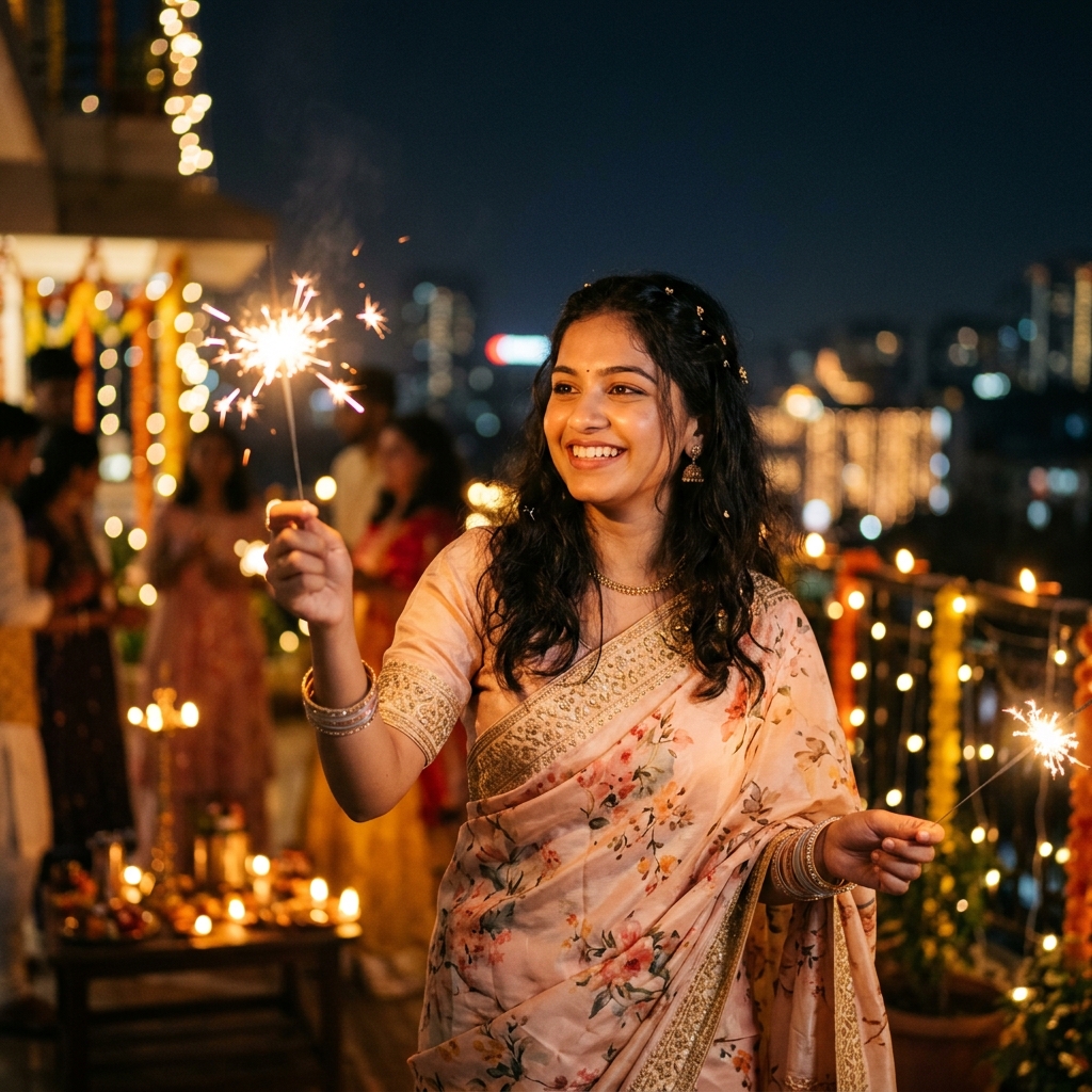 Indian girl in sage green saree holding a Diwali sparkler