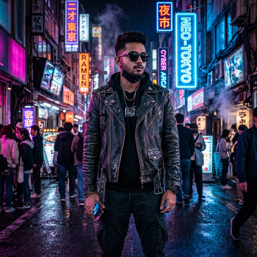 Stylish boy in black leather jacket with neon cyberpunk background