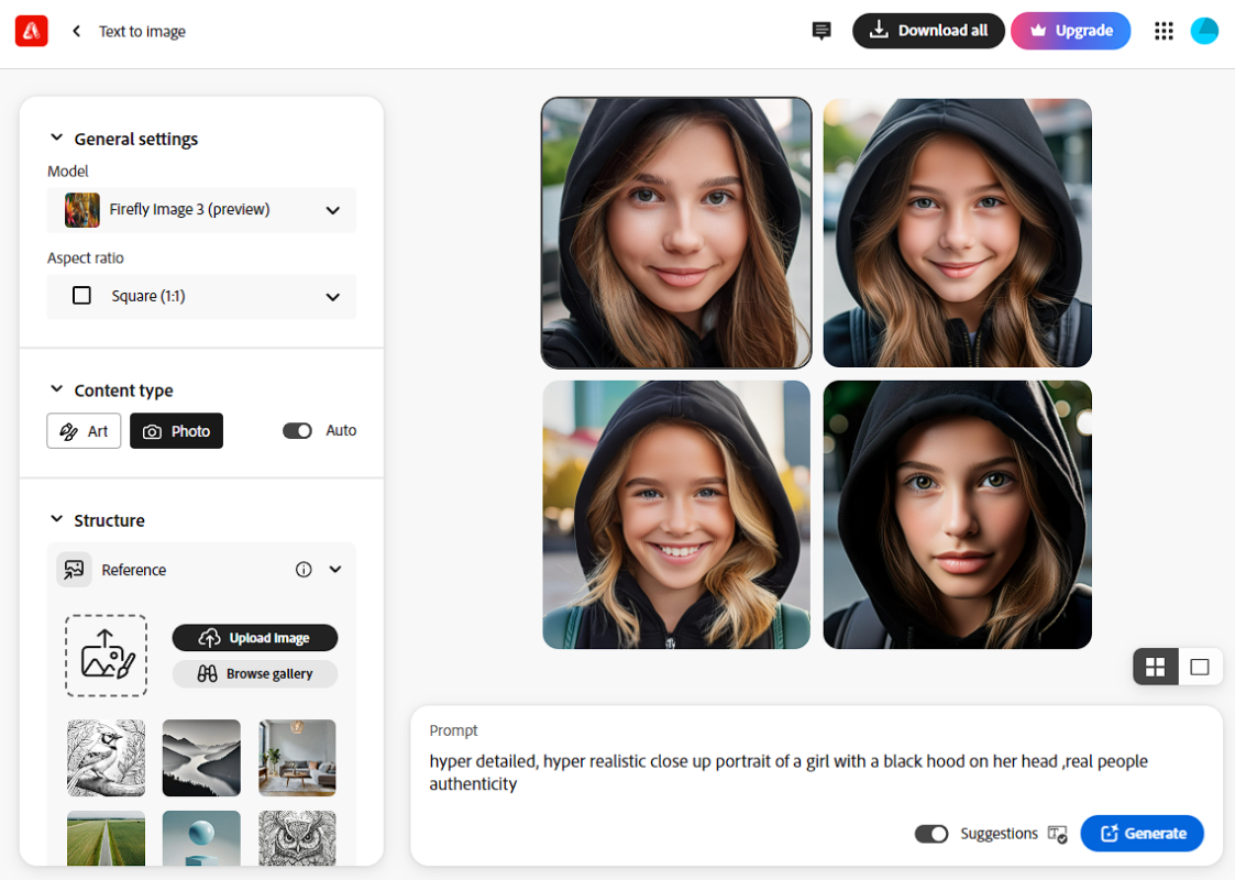 What is Adobe Firefly Image 3 & How to Use it? 6 hyper detailed, hyper realistic close up portrait of a girl with a black hood on her head