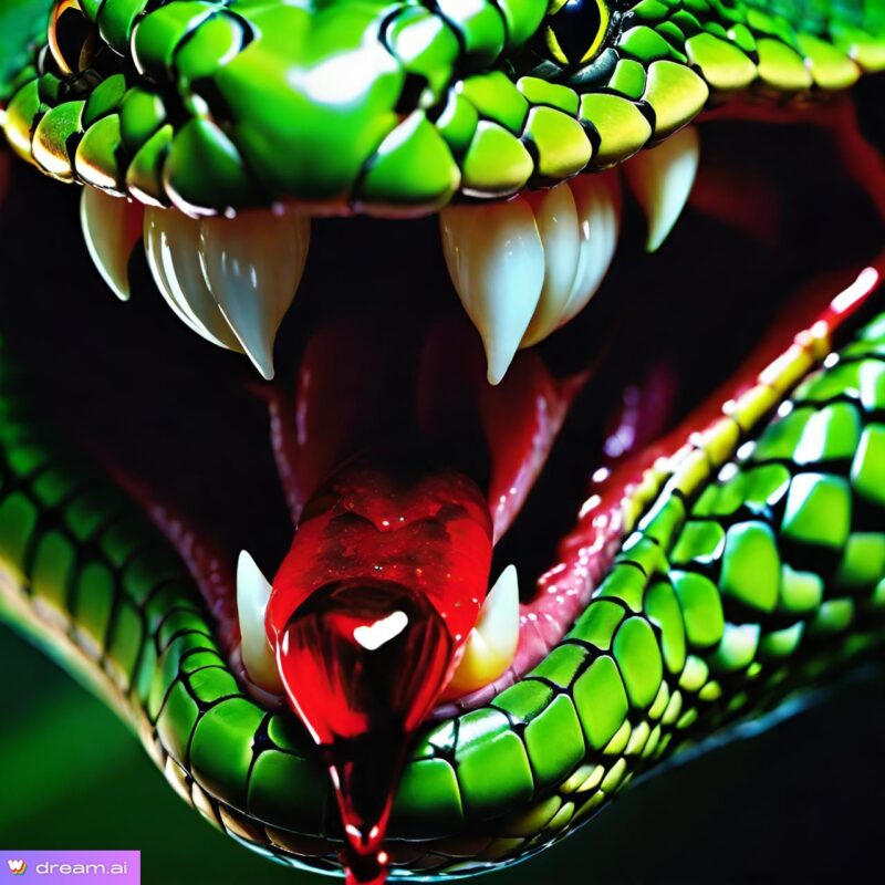 Top 5 Free AI Image Generator Apps for Android 2 Macroimage of Green vipers mouth, Red liquid Drops from the mouth