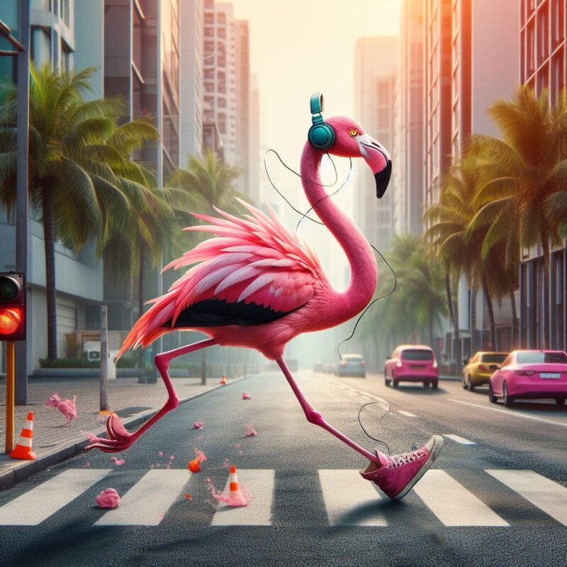 Top 5 Free AI Image Generator Apps for Android 4 a flamingo running on the road with headphone