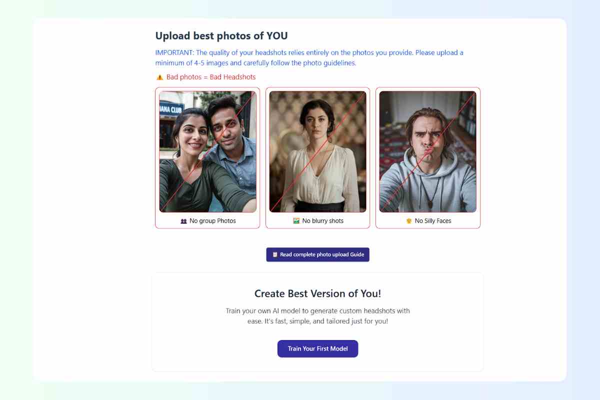 How to Create Professional LinkedIn Headshots with UnrealShot AI 2 screenshot of unrealshot ai dashboard showing a train model button along with image upload documentation