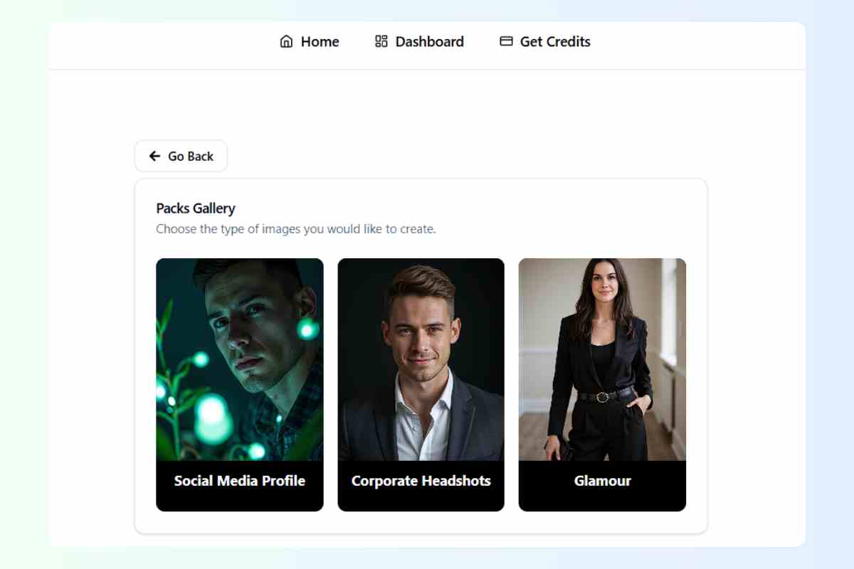 How to Create Professional LinkedIn Headshots with UnrealShot AI 3 screenshot showing packs gallery for choosing and generating linkedin headshots