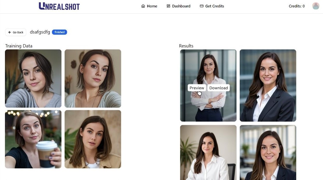 How to Create Professional LinkedIn Headshots with UnrealShot AI 6 screenshot of unrealshot ai showing the generated linkedin headshots showing the preview and download option upon hovering