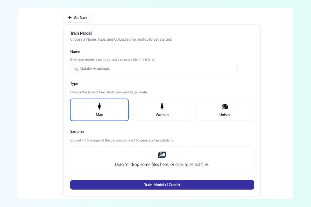 How to Create Professional LinkedIn Headshots with UnrealShot AI 4 screenshot of training model area where training images can be uploaded